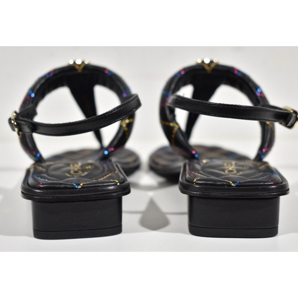 Chanel 21K Black Multicolor Leather CC Logo Mule Slide Flat Thong Sandal 37.5 - Picture 10 of 11